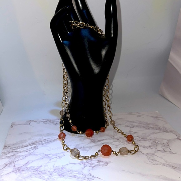 Double Necklace- Gold Chain, Pink, Clear Beads - Picture 1 of 4